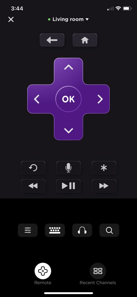 Roku remote interface on Roku app