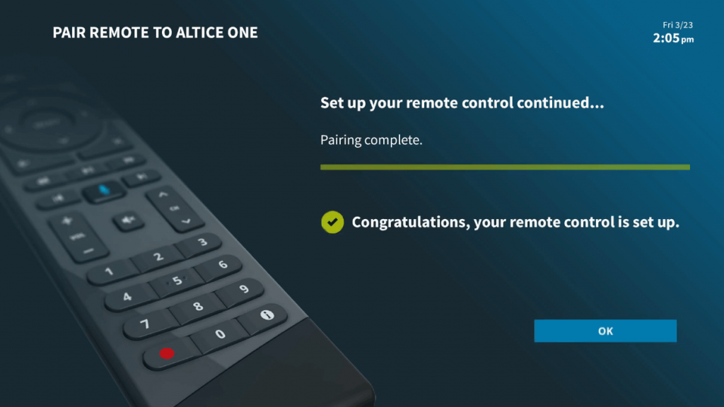 Confirmatio message for Altice One remote pairing