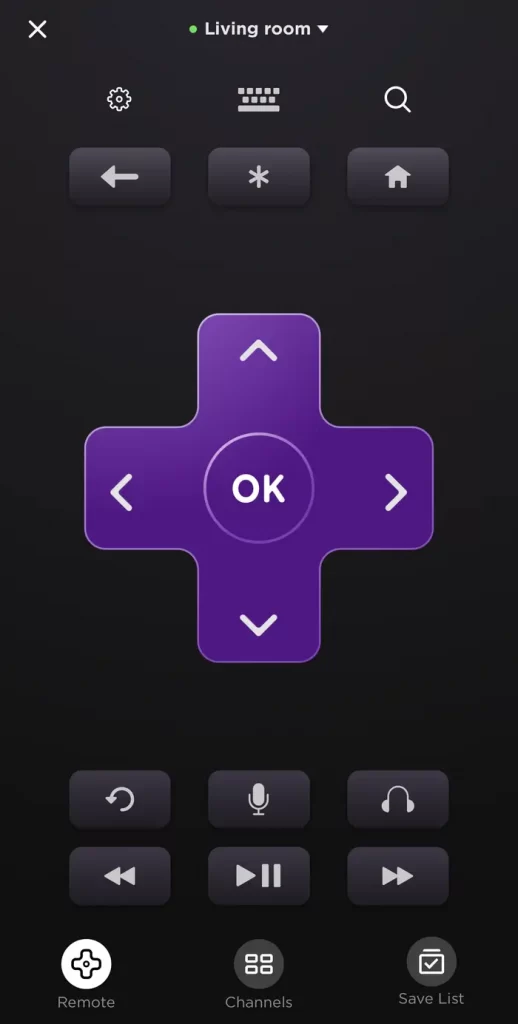 The Roku App remote interface