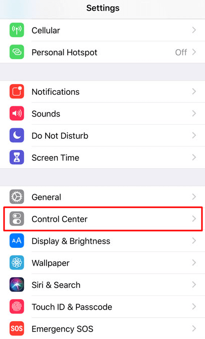 Control Center on iPhone Settings