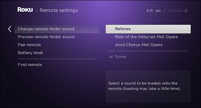 Change remote finder sound option on roku remote