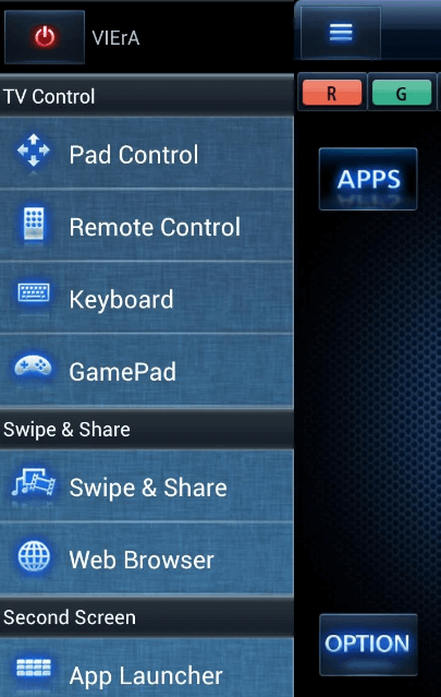 Remote Control option on the Panasonic TV Remote 2 app
