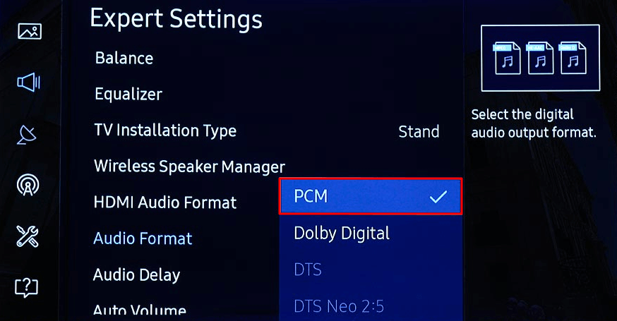 Select PCM as HDMI Audio Format