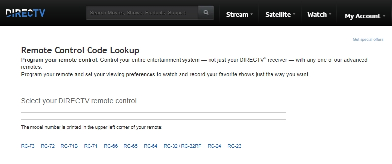 DirecTV Remote Control Code Lookup tool