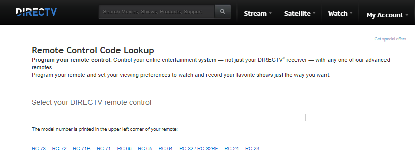DirecTV Remote Control Code Lookup tool