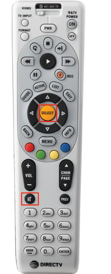 Press MUTE and SELECT buttons on DirecTV remote