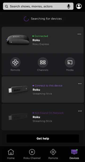 Searching for devices on the Roku app
