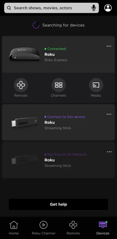 Devices tab on the Roku app