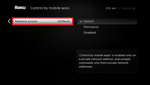 Select Default option for Network access