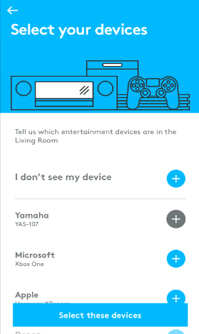 Select devices to add to the Harmony app