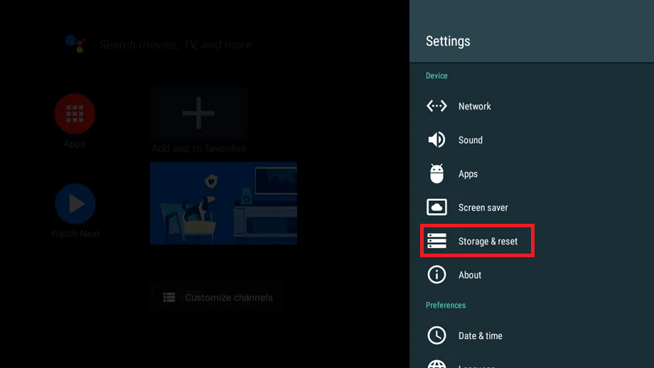 Select the Storage & reset option