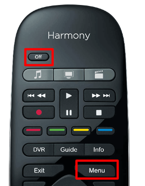 Press Menu and Off buttons to reset Harmony remote