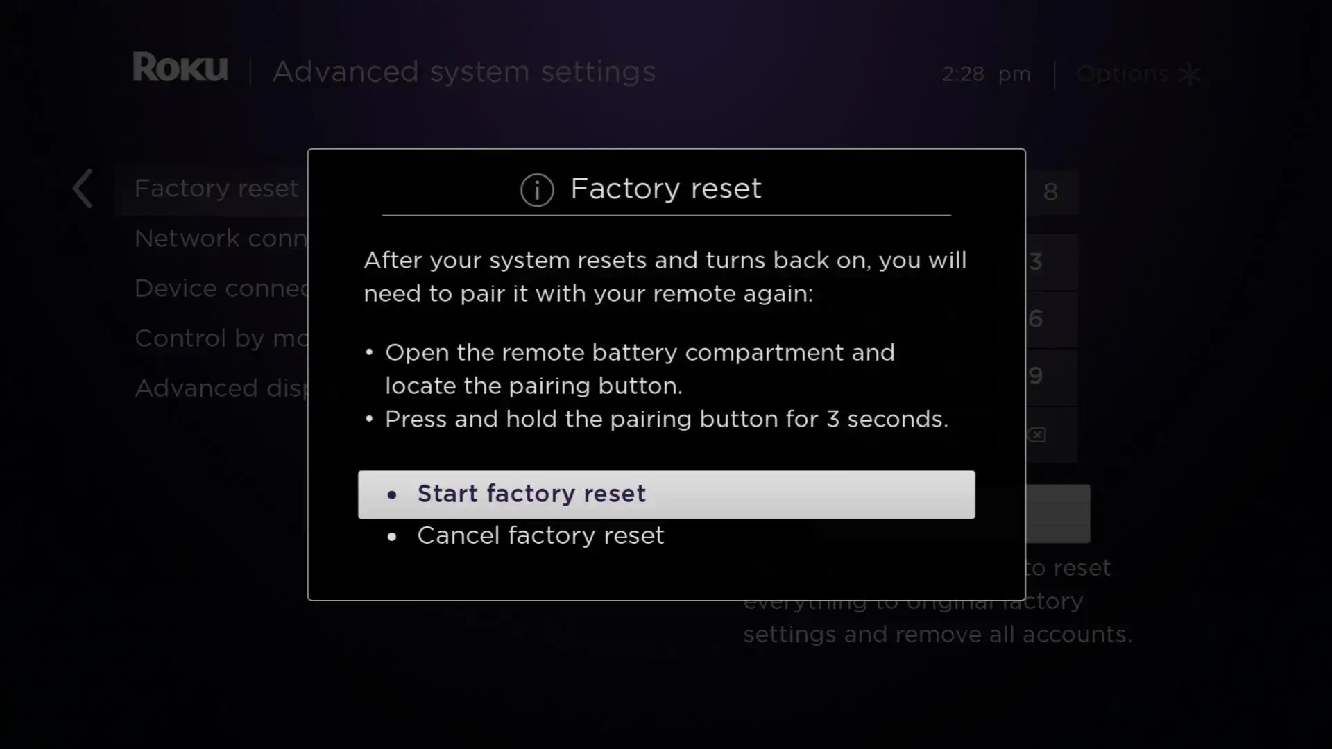 Factory reset your Roku TV with remote