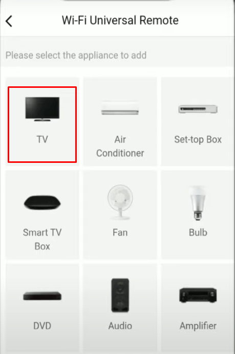 Select TV option on BroadLink app