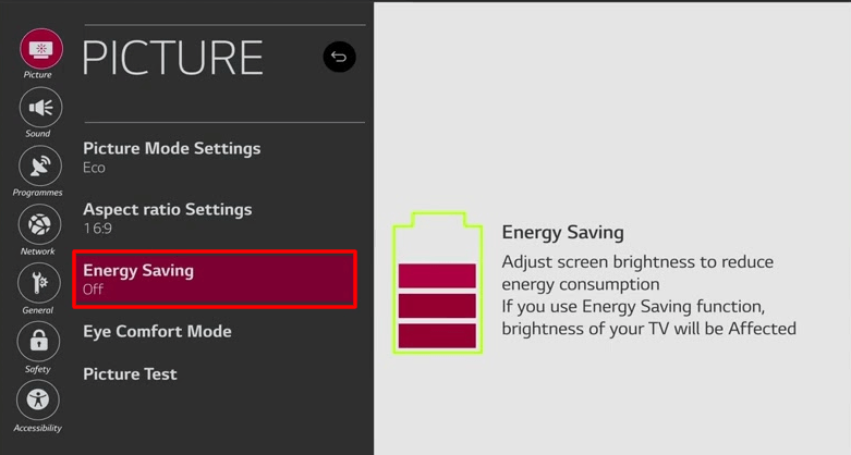 Click Energy saving mode on LG TV