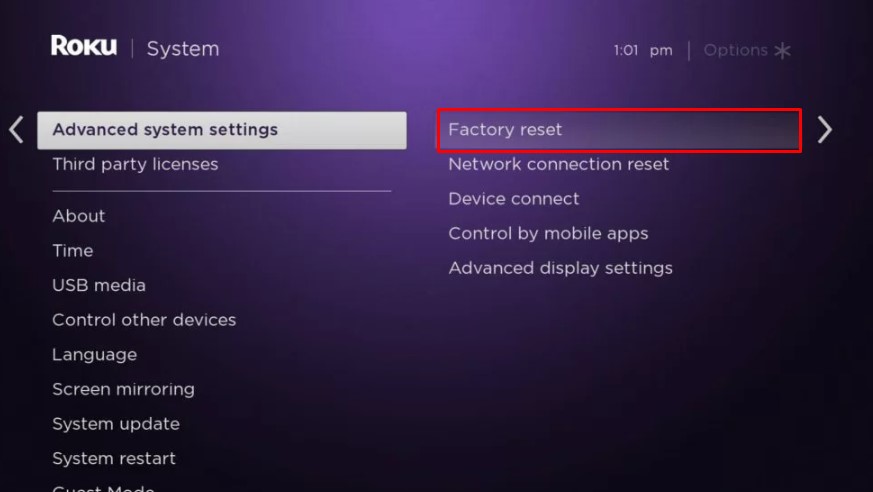 Tap the Factory Reset option