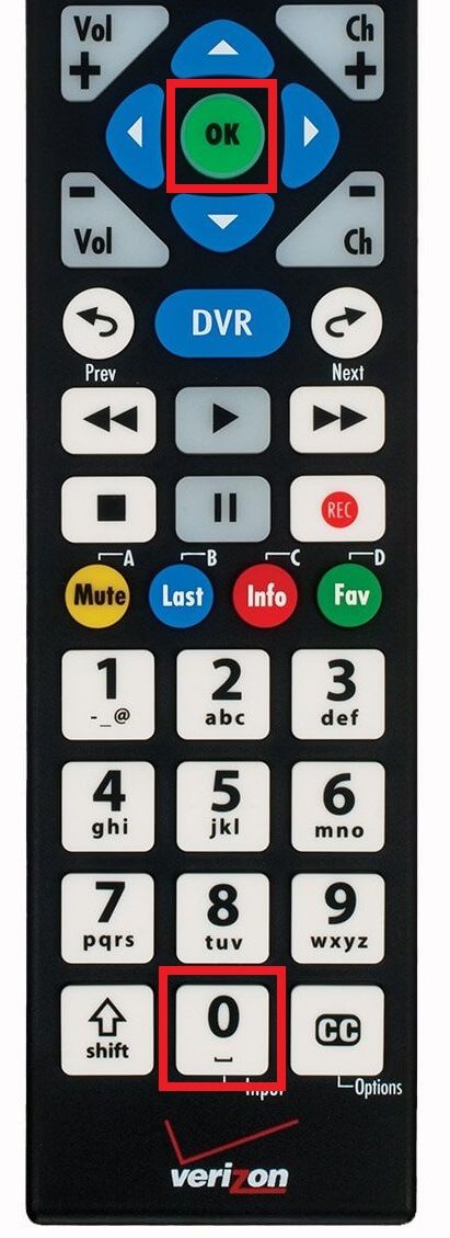 Press the OK and 0 buttons on the Verizon P283 Big Button Remote