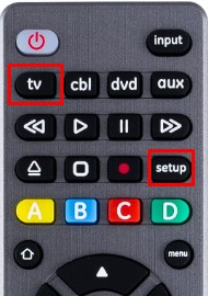 Hold the TV and Setup buttons to program a universal remote to the Samsung TV